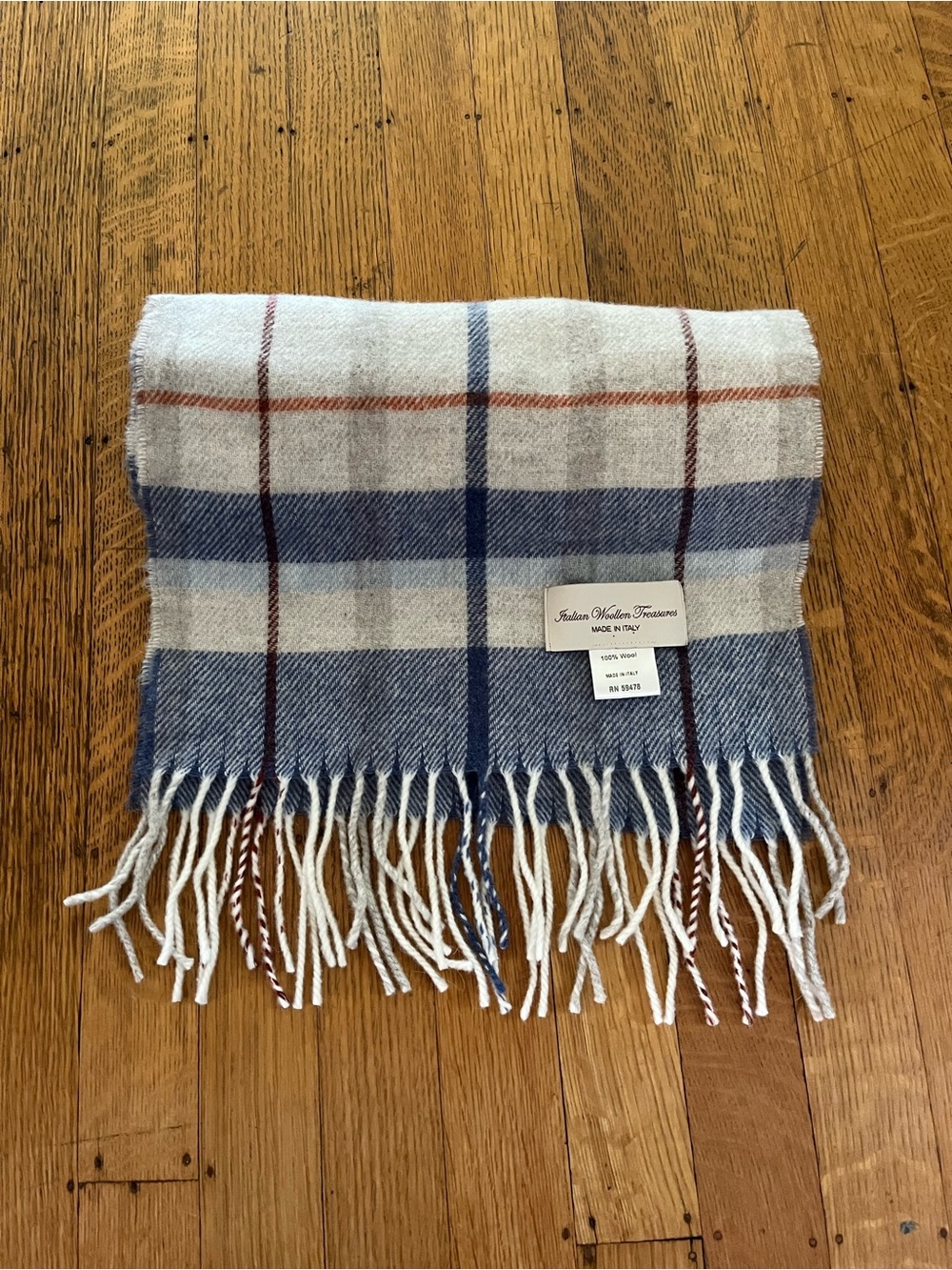 Italian Woolen Treasures Blue and Cream Plaid Wool Scarf